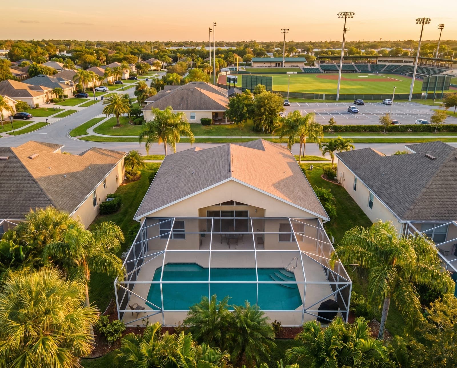 Aerial view of a Tampa Bay vacation rental home with pool adjacent to a spring training baseball stadium
