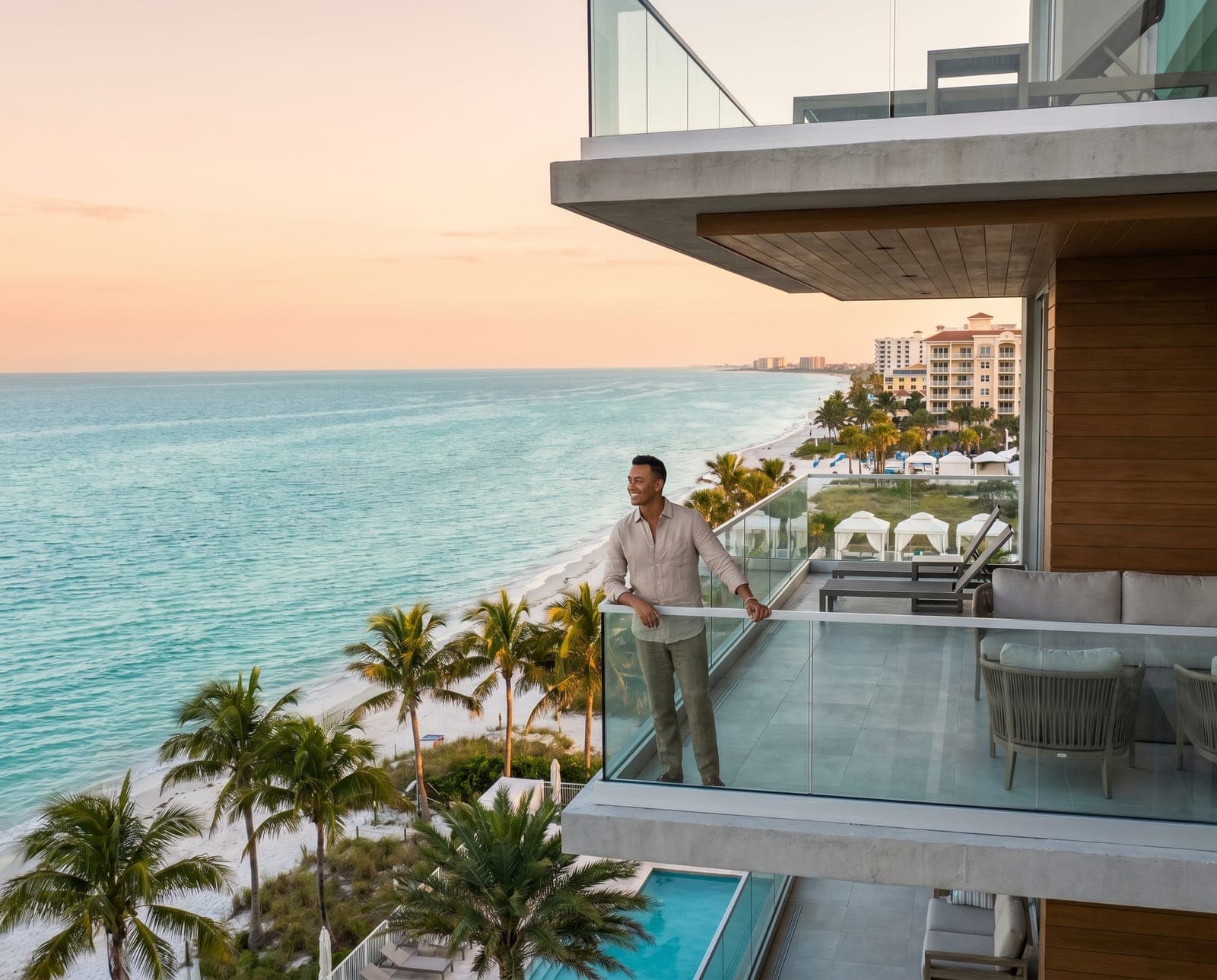 Luxury beachfront vacation rental balcony overlooking the Gulf in Tampa Bay, Florida