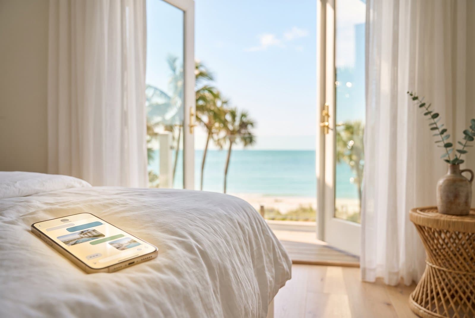 A smartphone resting on a white linen bed in a bright coastal bedroom, its screen showing a chat-style travel assistant, with a balcony door open to palm trees and the Gulf of Mexico beyond — AI agents booking Tampa Bay vacation rentals, Emperor Rentals