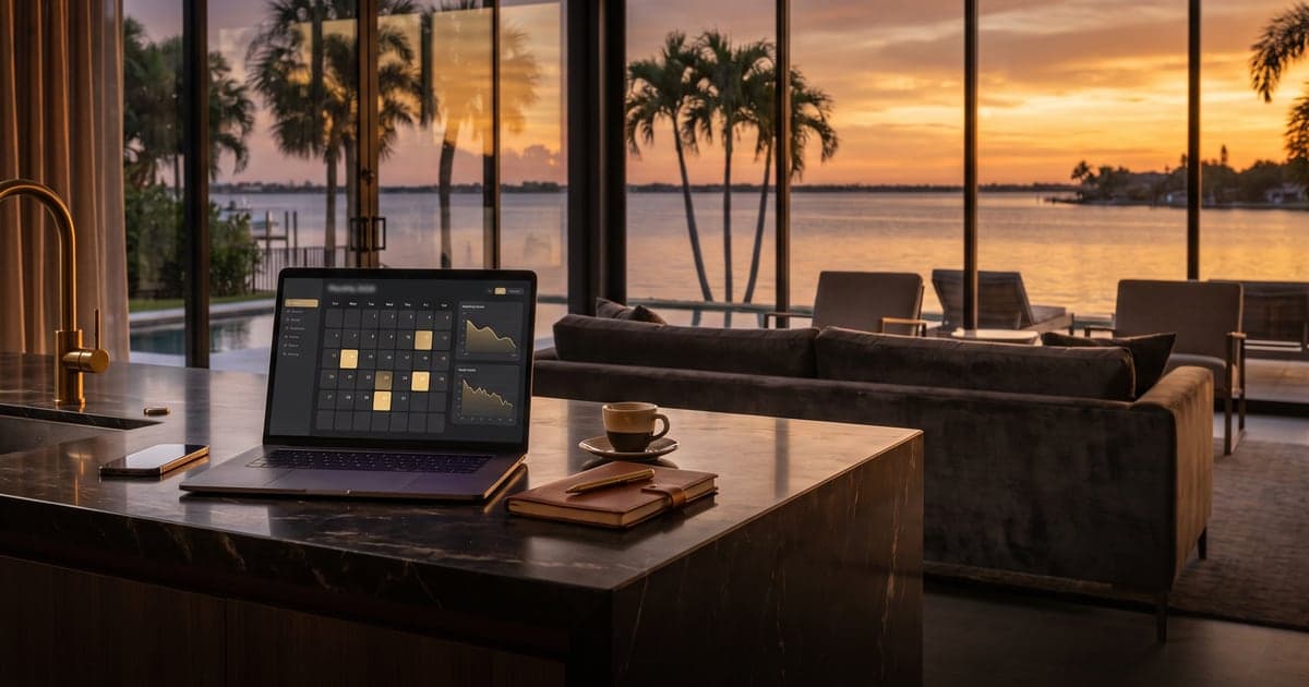 Tampa Bay vacation rental owner reviewing a declining Airbnb booking calendar and occupancy dashboard — Emperor Rentals