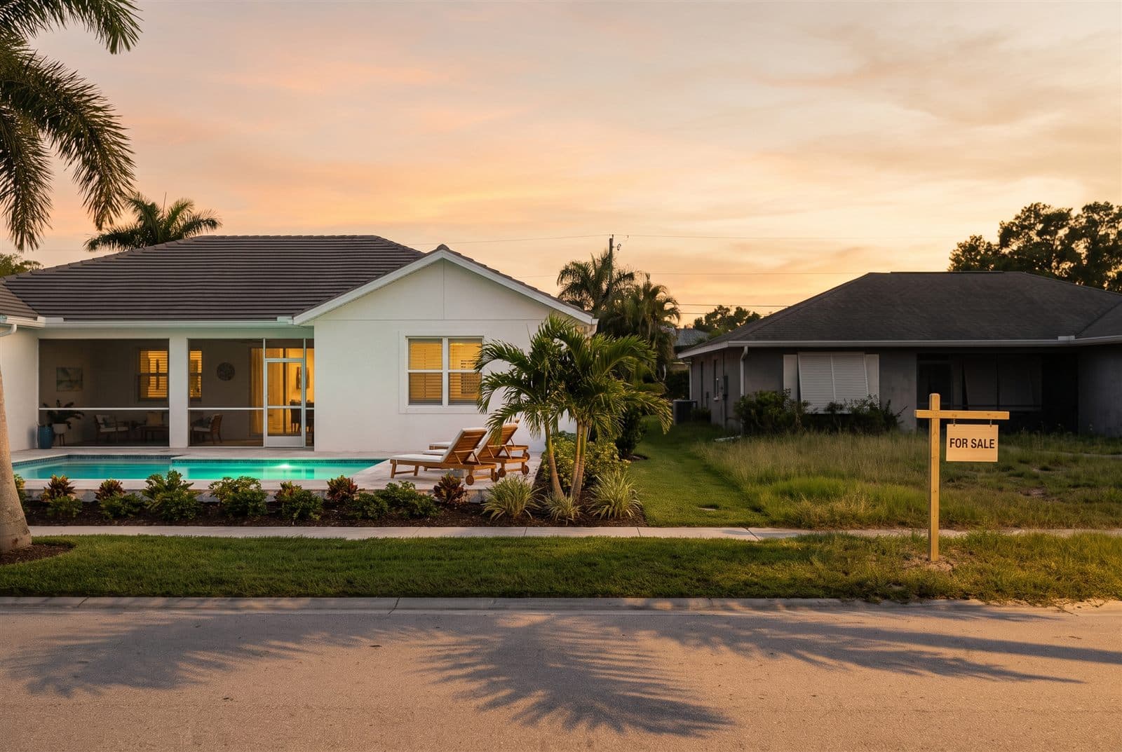 A well-kept white Florida pool home glowing at sunset with a lit turquoise pool, teak loungers and a screened lanai, next to a dark neighboring house with an overgrown lawn and a For Sale sign — Tampa Bay short-term rental market 2026, Emperor Rentals