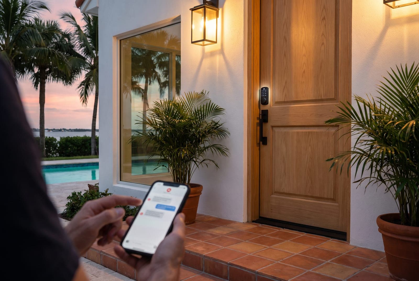 A smart lock on the front door of a white Florida vacation home at dusk, with a smartphone in the foreground showing a suspicious booking message — Airbnb and Vrbo scams targeting Tampa Bay hosts, Emperor Rentals