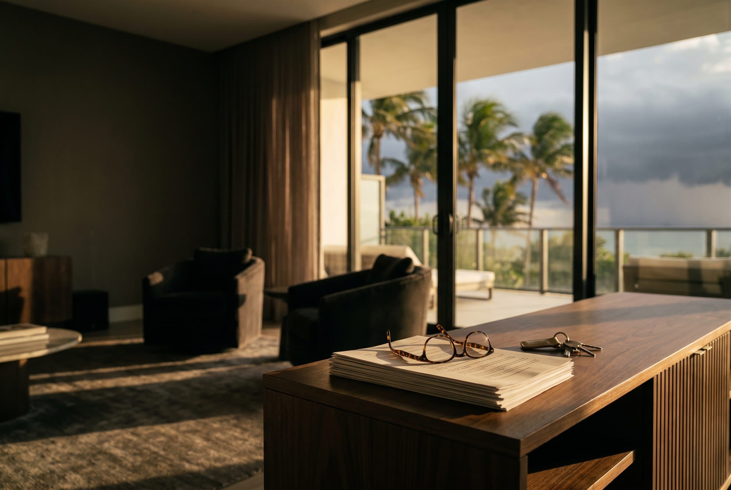 Insurance policy documents, reading glasses and house keys on a walnut table in a Florida coastal vacation rental, with palms bending under a gathering storm beyond the glass doors