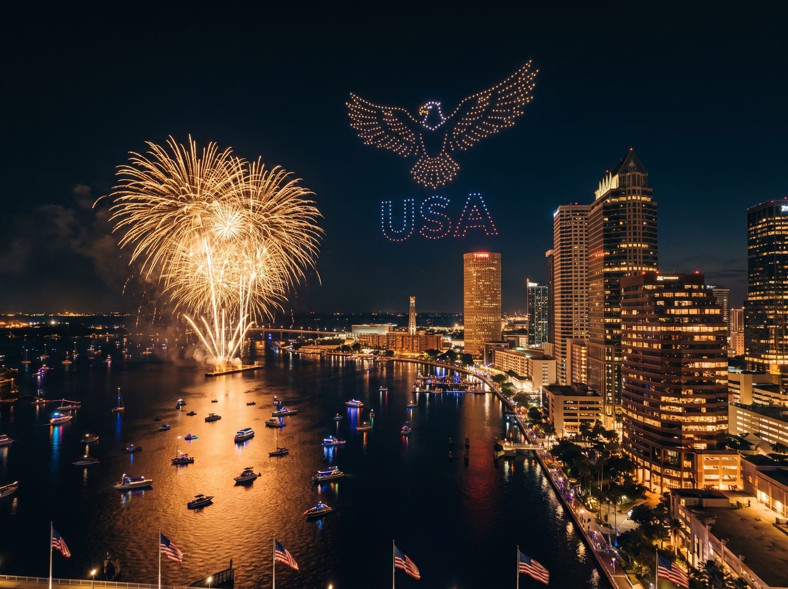 Fireworks and USA drone light show over the Tampa skyline for America's 250th — Emperor Rentals