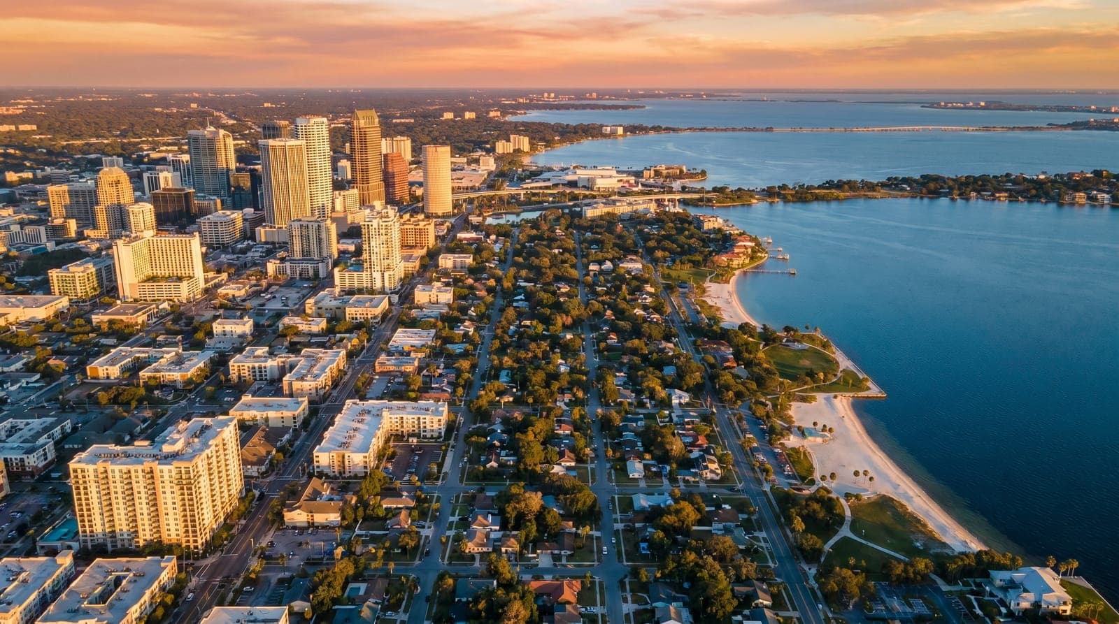 Aerial view of Tampa Bay waterfront neighborhoods — best Airbnb locations 2026 Emperor Rentals