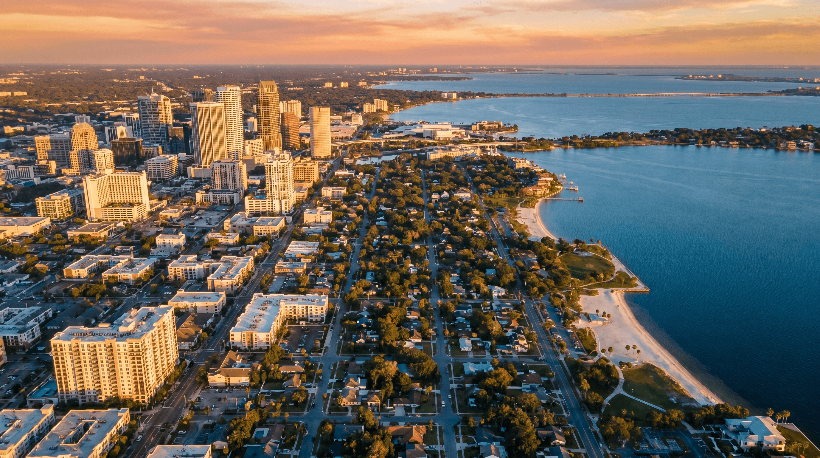 Best Airbnb neighborhoods Tampa Bay 2026 — aerial view of Tampa Bay waterfront and barrier islands