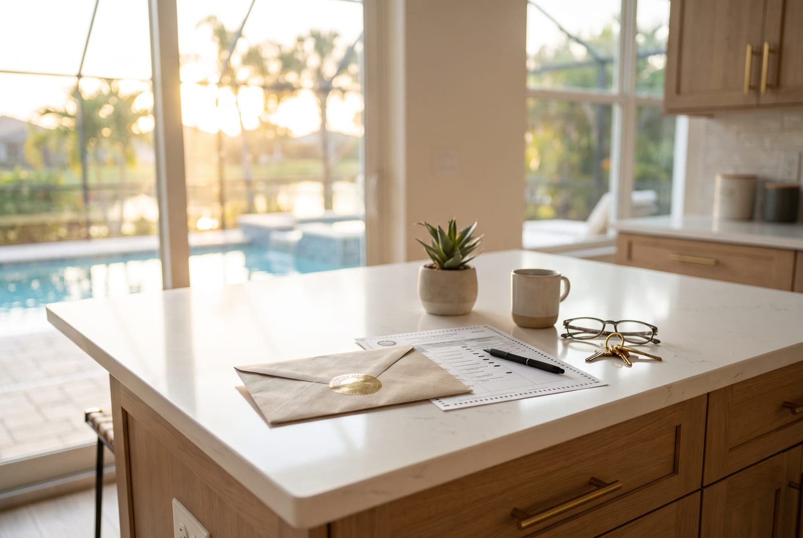 A Florida property tax notice and a voting ballot on a kitchen counter in a bright Tampa Bay vacation home — Florida Amendment 3 and vacation rental owners, Emperor Rentals