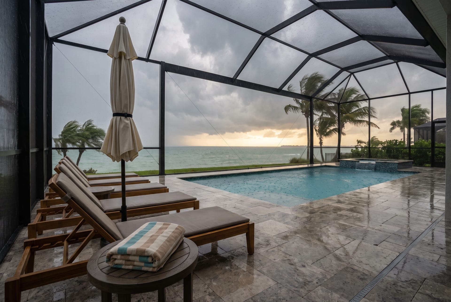 Rain falling on a turquoise pool inside a screened pool enclosure, teak chaise lounges lined up beside a closed cream umbrella and a folded striped towel, palm trees bending in the wind and gray storm clouds breaking to golden light over the Gulf — Hurricane Isaias and Tampa Bay vacation rentals, Emperor Rentals
