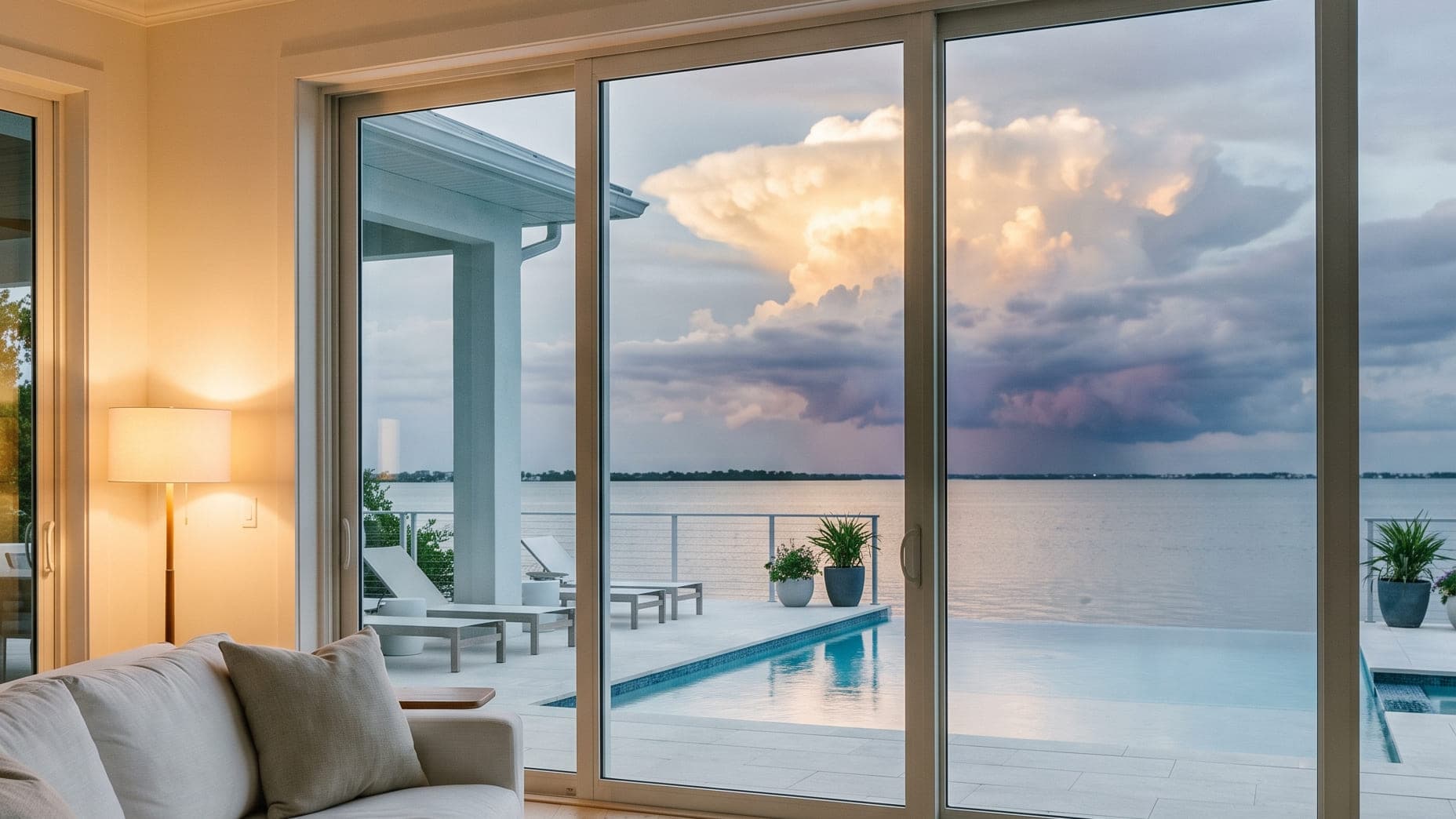 Calm luxury coastal living room in a Tampa Bay vacation rental at dusk, sliding glass doors open to an infinity pool with a distant thunderstorm building over the water