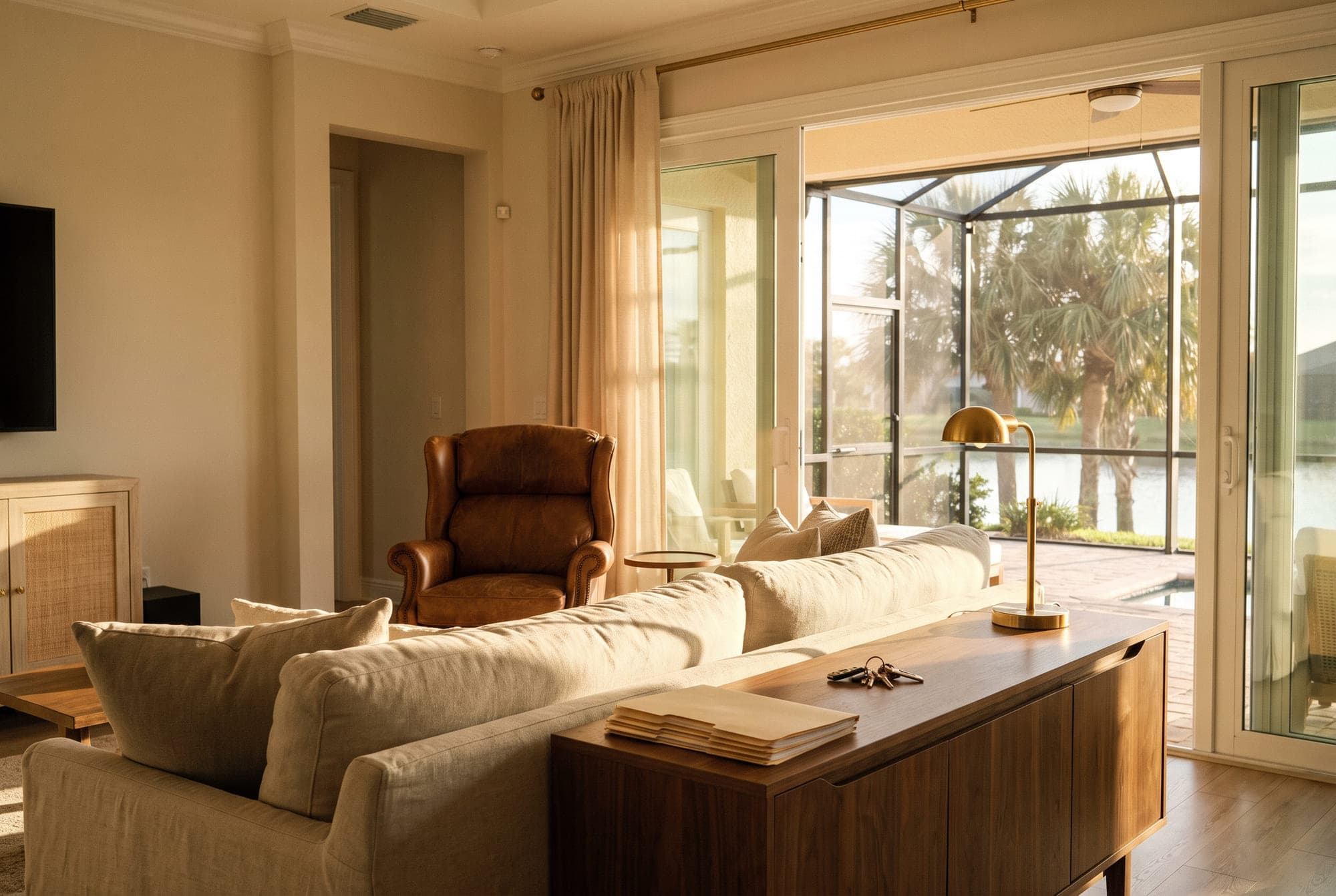 Sunlit living room of an inherited Tampa Bay home at golden hour, with an heirloom leather armchair, house keys and estate folders on a walnut console, and sliding doors open to a screened lanai with palms and water — Emperor Rentals
