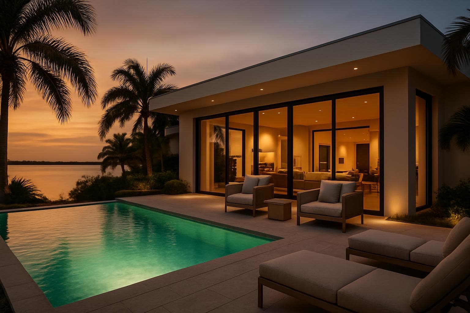 Modern luxury Tampa Bay vacation rental at dusk with a glowing infinity pool, palm trees, and waterfront views