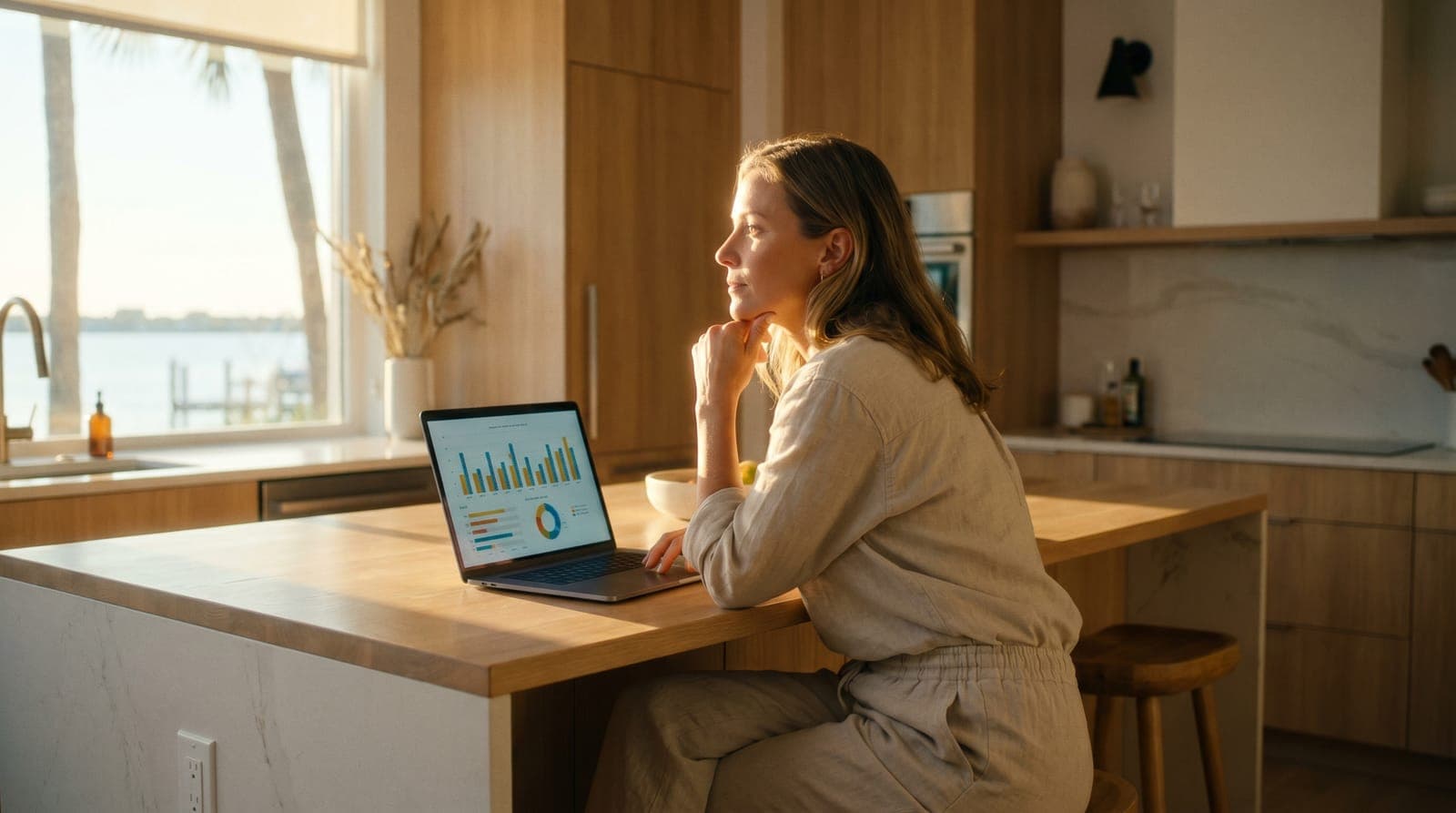 Tampa Bay vacation rental owner reviewing revenue dashboard — self-managing vs hiring a property manager