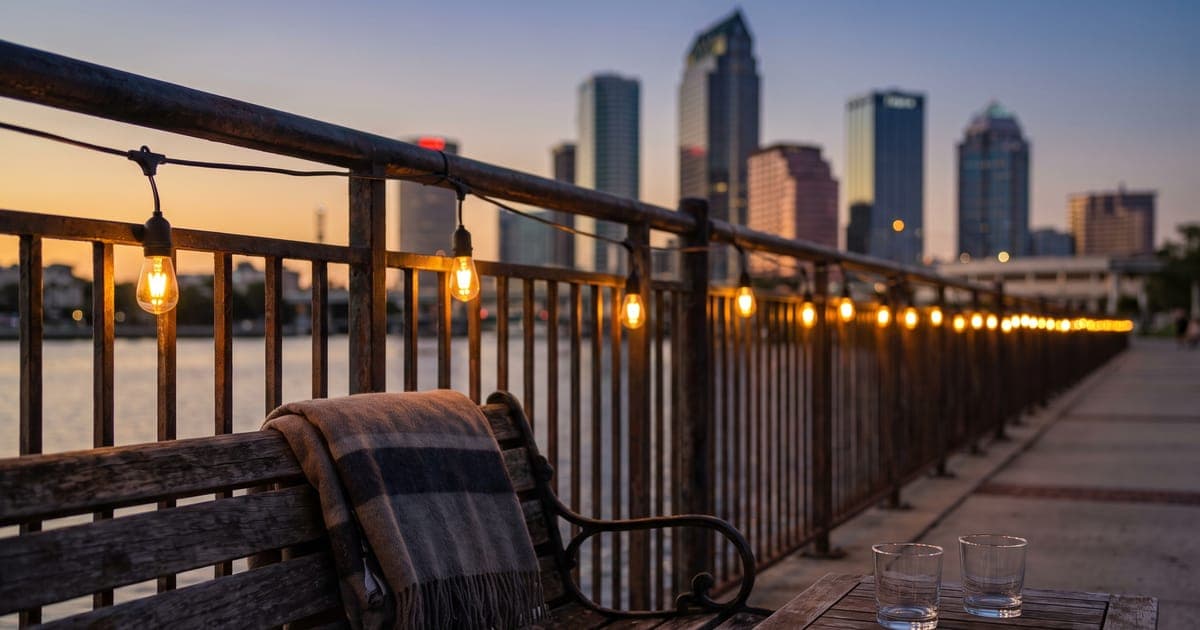 Warm string lights along a railing on the Tampa Riverwalk at dusk, with a wooden bench draped in a plaid blanket, two empty glasses on a side table and the downtown Tampa skyline behind — Tampa Bay October 2026 event calendar for vacation rental owners, Emperor Rentals