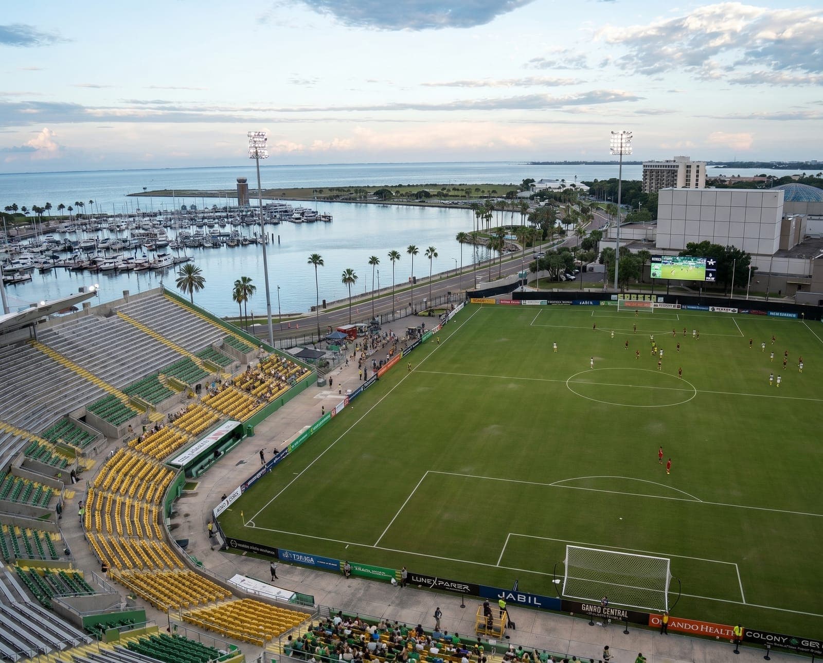 Al Lang Stadium Tampa Bay Rowdies aerial view St. Petersburg waterfront — Emperor Rentals sports calendar 2026