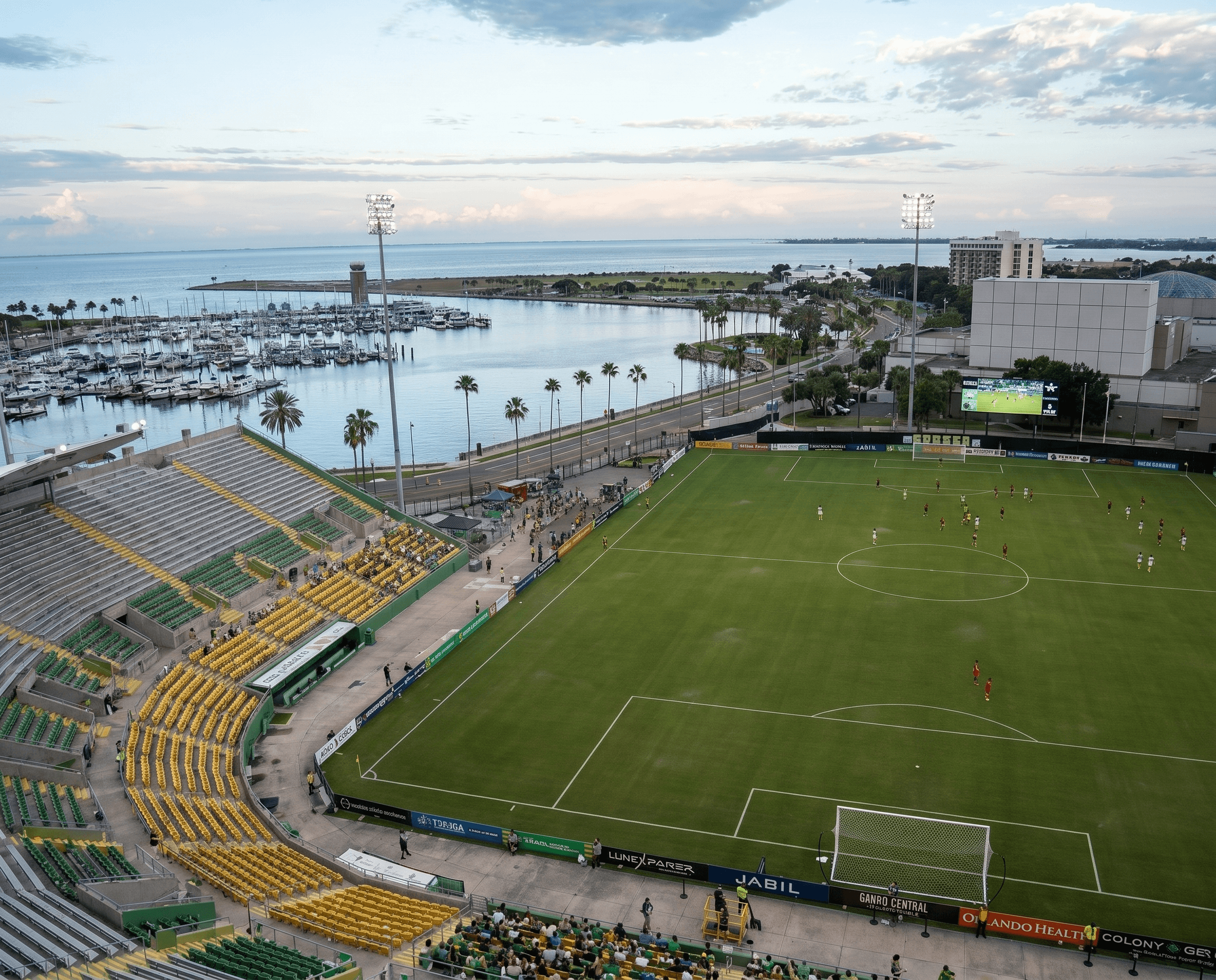 Al Lang Stadium Tampa Bay Rowdies aerial view St. Petersburg waterfront — Emperor Rentals sports calendar 2026