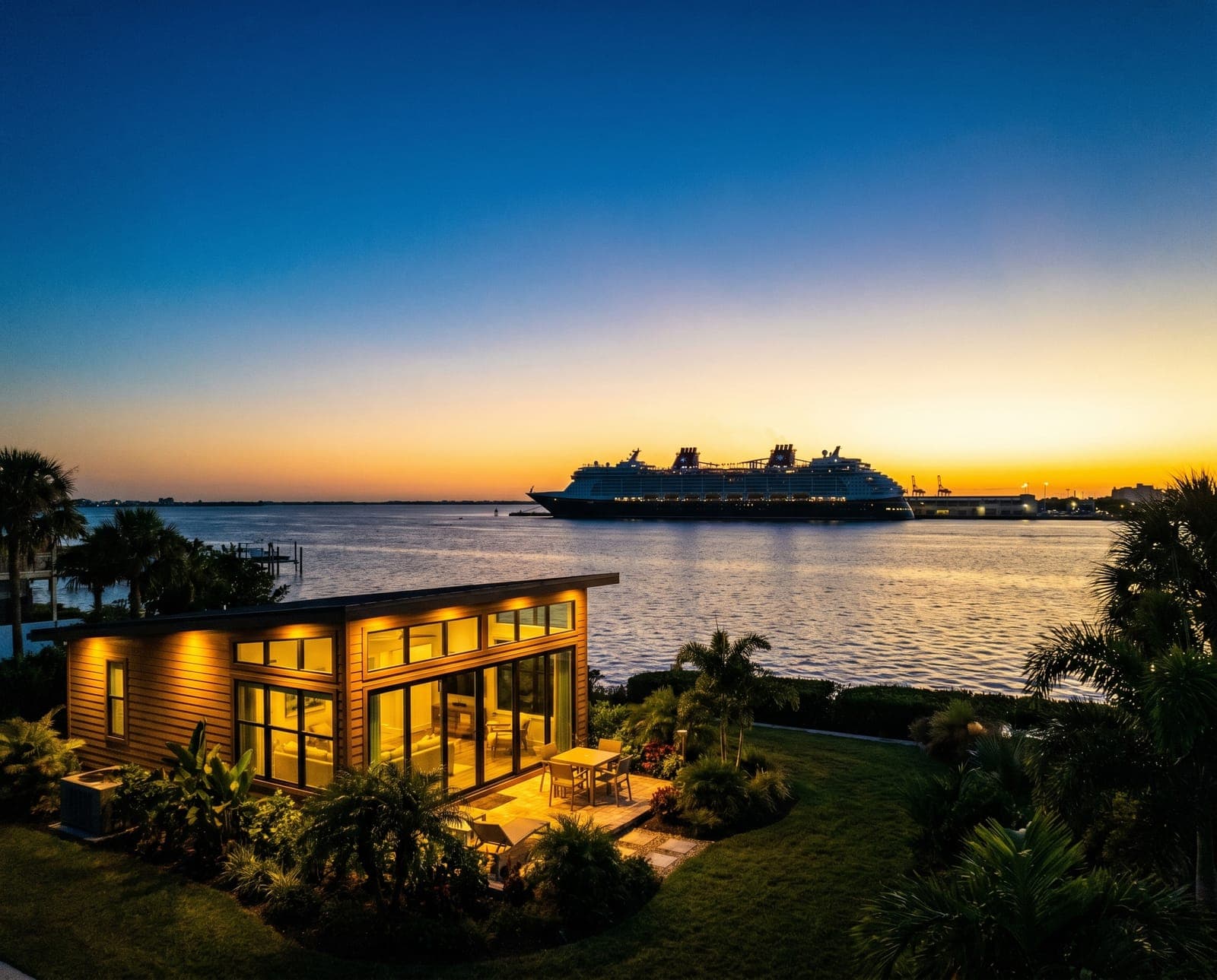 Tampa Bay cruise port at golden hour with vacation rental property — Emperor Rentals Airbnb management Tampa