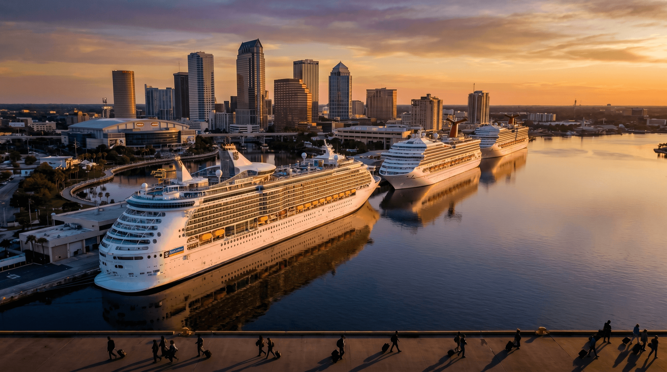 Three cruise ships docked at Port Tampa Bay at sunset — Royal Caribbean, Carnival and Norwegian with Tampa skyline in background