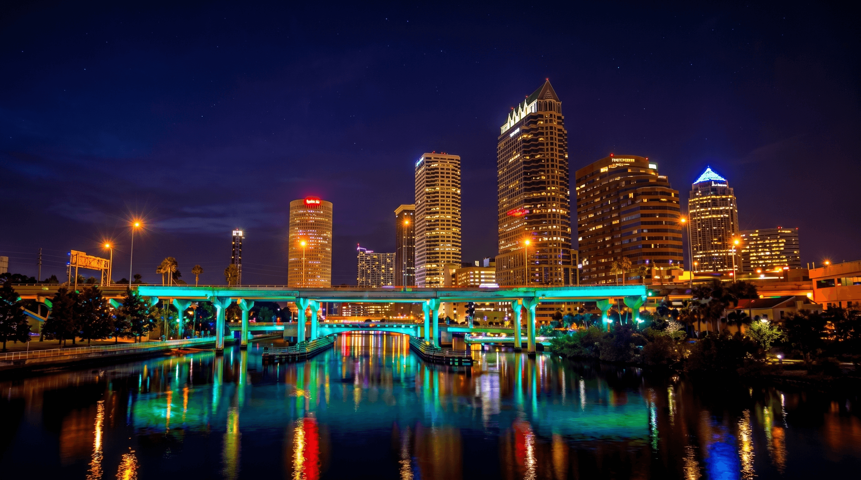 Tampa Bay skyline at night reflected on the Hillsborough River — Emperor Rentals vacation rental management tourism boom 2025