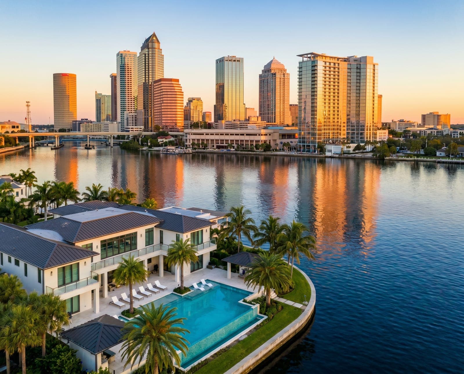 Tampa Bay waterfront at golden hour with luxury vacation rental pool — Emperor Rentals Airbnb management Tampa